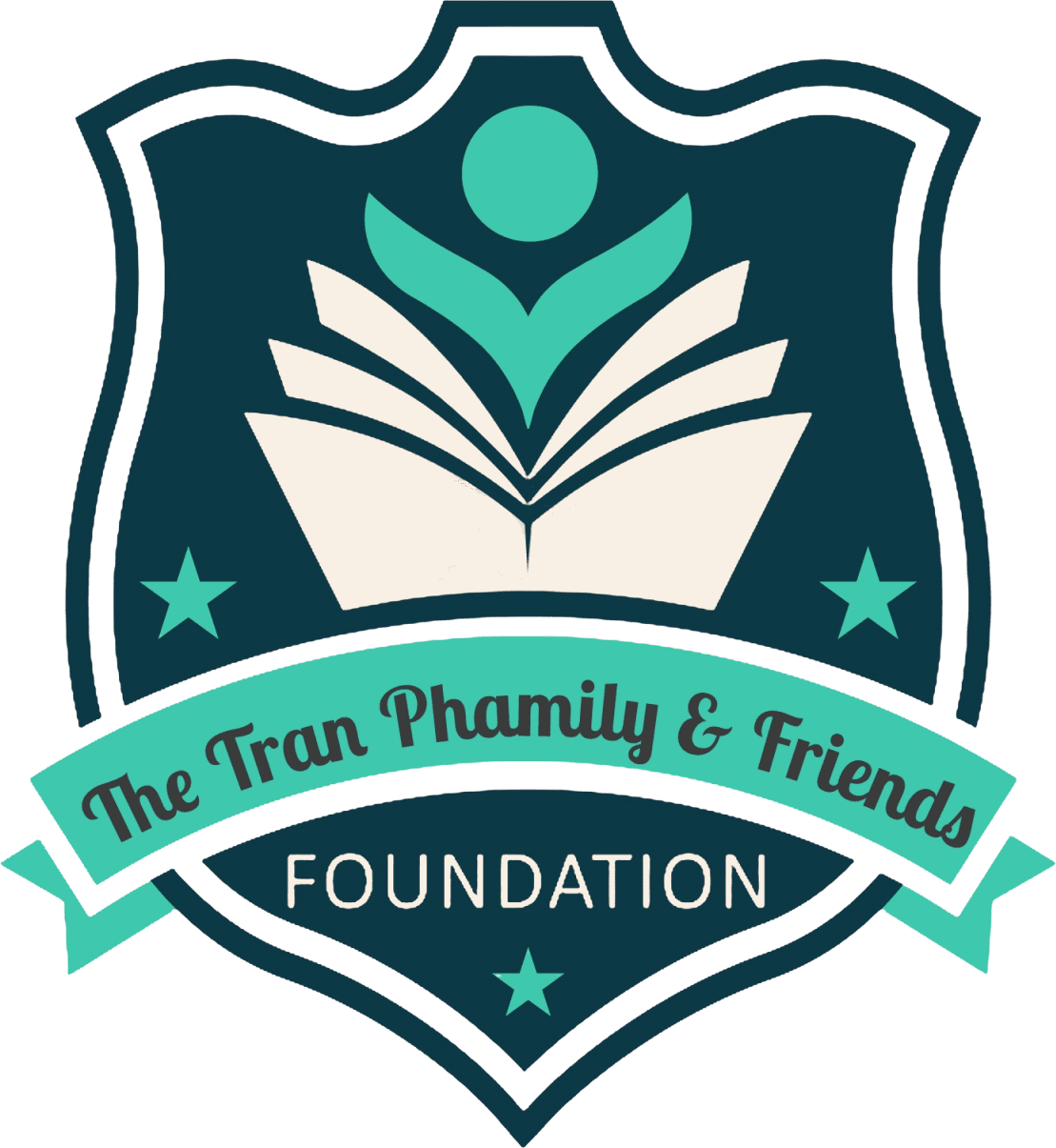 Logo of The Tran Family & Friends Foundation with a book and stars.