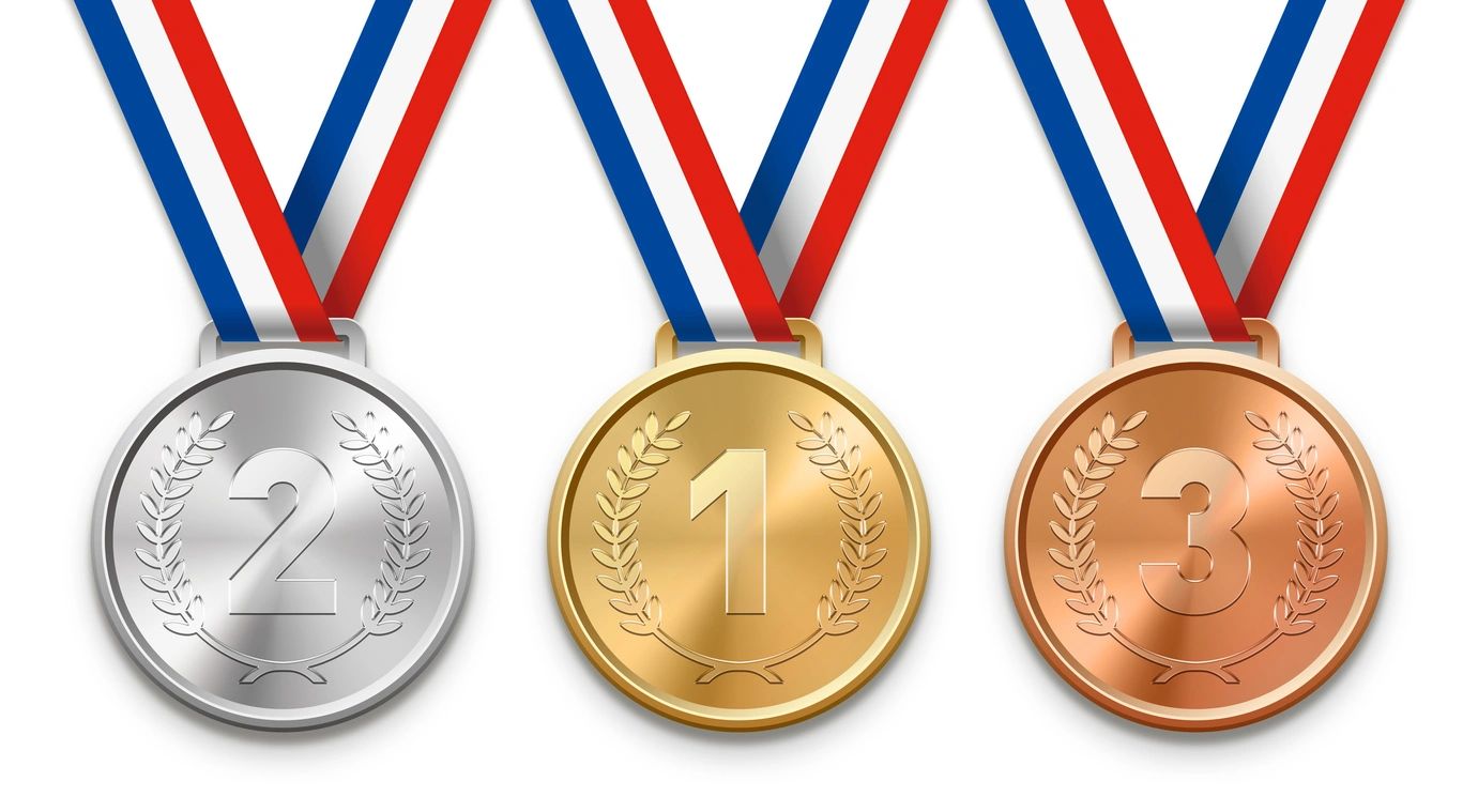 Gold, silver, and bronze victory medals